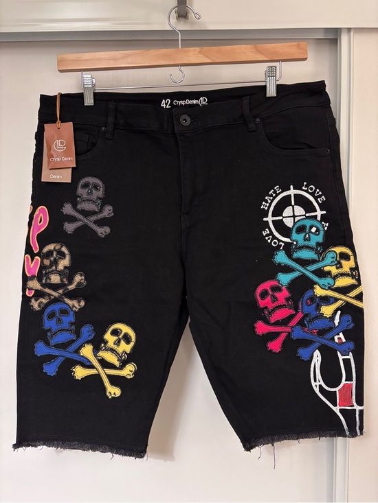 Crysp Denim Other - Crysp Denim Y2K Black Jorts Size 42 Ethmoid Skull Patch Jean Skinny Streetwear